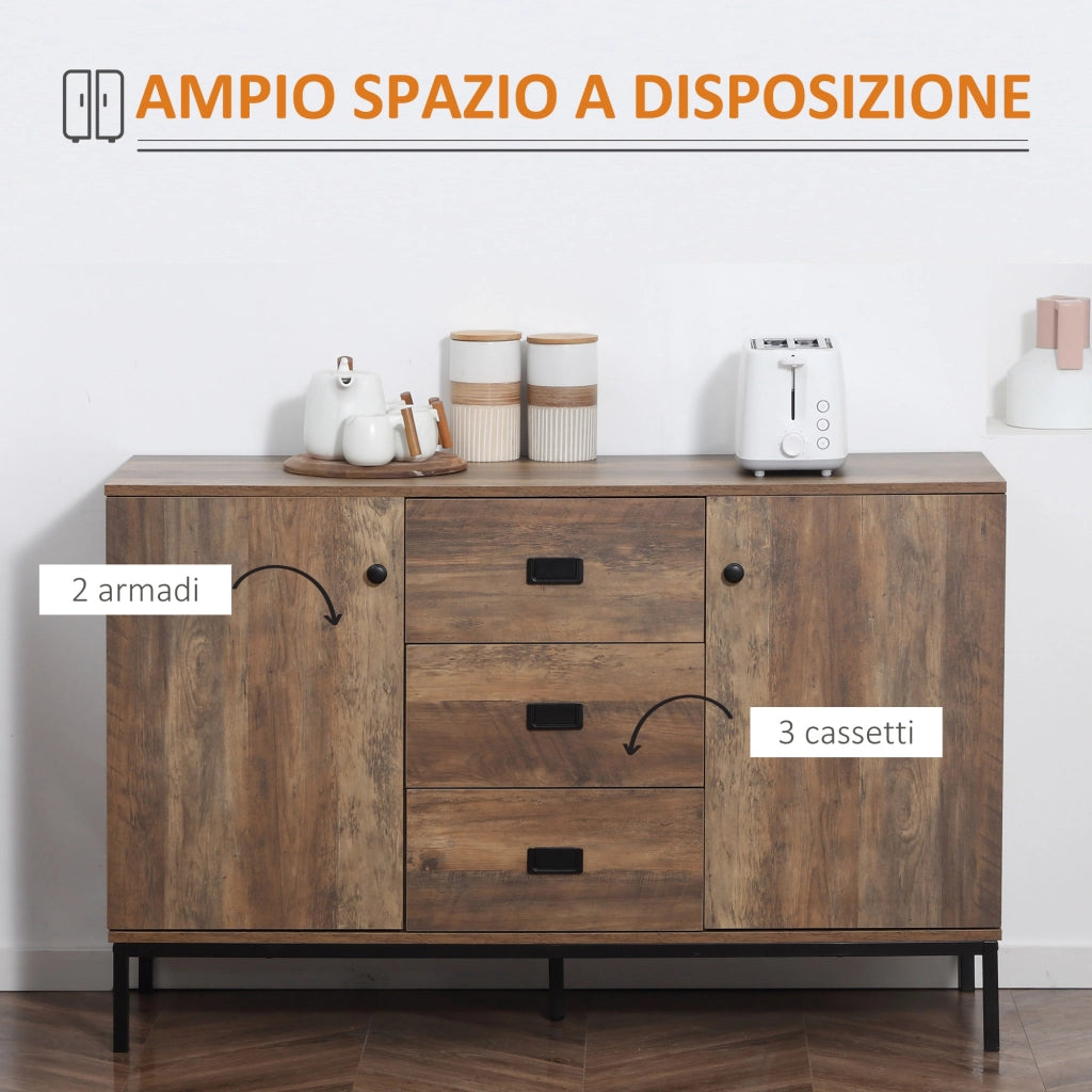 Credenza Moderna in Truciolato e Metallo con 2 Armadietti a 2 Ante con Ripiani e 3 Cassetti. 120x39.5x77 cm