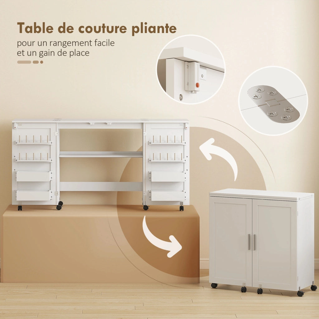 Tavolo da cucito pieghevole con ruote ¨C Xylo ¨C 2 ante magnetiche, 4 contenitori, 20 ganci, 160x40x81.5cm, bianco