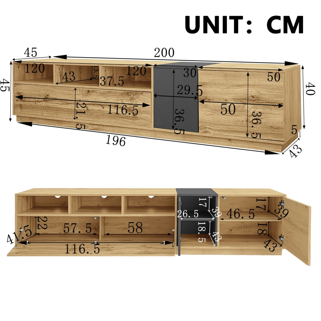 Mobile TV 200x45x45 cm con 3 vani aperti e 3 ante; pannello truciolare nero; grigio e naturale