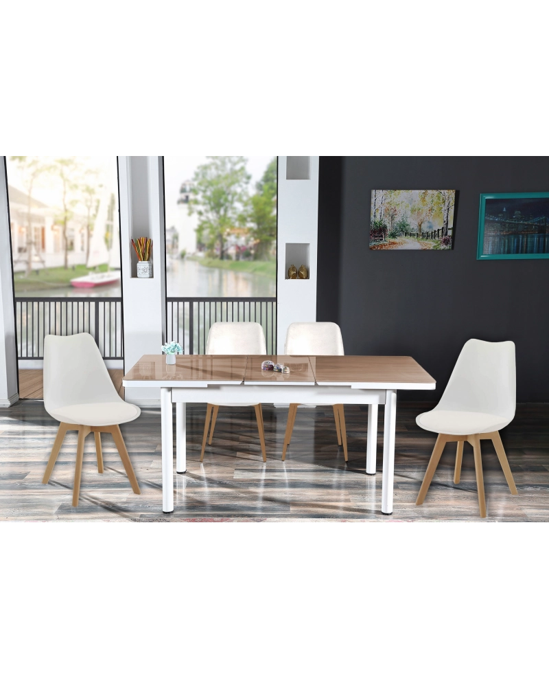 Tavolo da sala bianco allungabile in vetro temperato marrone 130-170cm con 4 sedie e cuscini Sicorage LEGRES