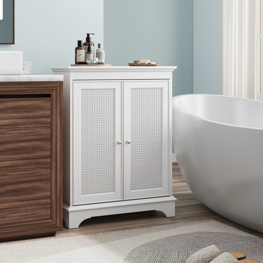 Mobile bagno con 1 anta; ripiano regolabile e design boho moderno per bagno; soggiorno e cucina; bianco