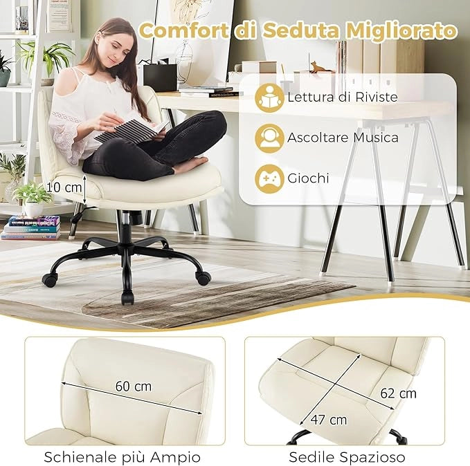 Sedia Ufficio con Ruote, Sedia da Scrivania Senza Braccioli con Schienale e Sedile Ampi, Altezza Regolabile, Meccanismo a Gas, Girevole a 360°, Portata 150 kg