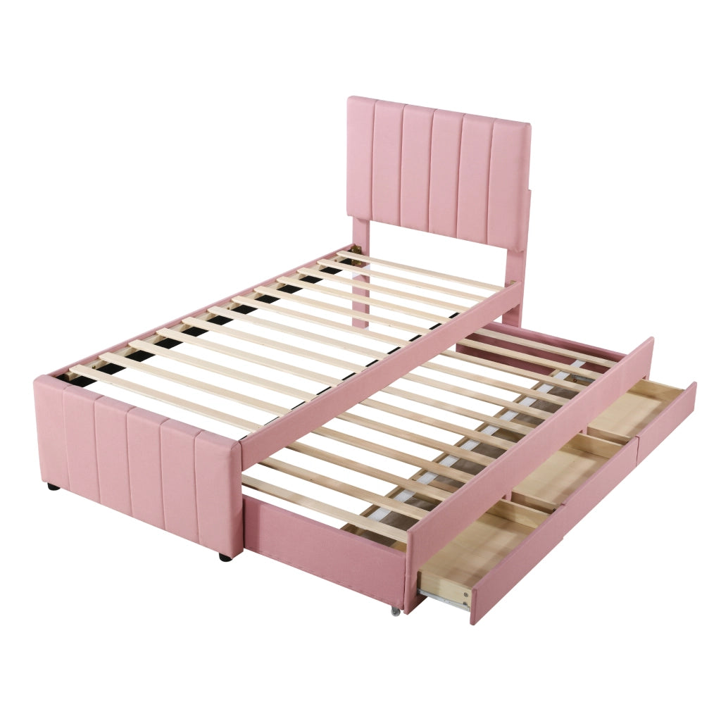 Letto imbottito singolo 90×200 cm con letto estraibile e 3 cassetti; rete inclusa; senza materasso; rosa
