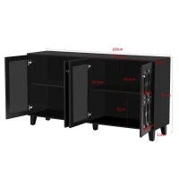 Credenza Moderna con Specchio e Maniglie di Cristallo, 4 Ante e Ripiani Mobili per Soggiorno e Cucina, 160x40x84 cm, Nero