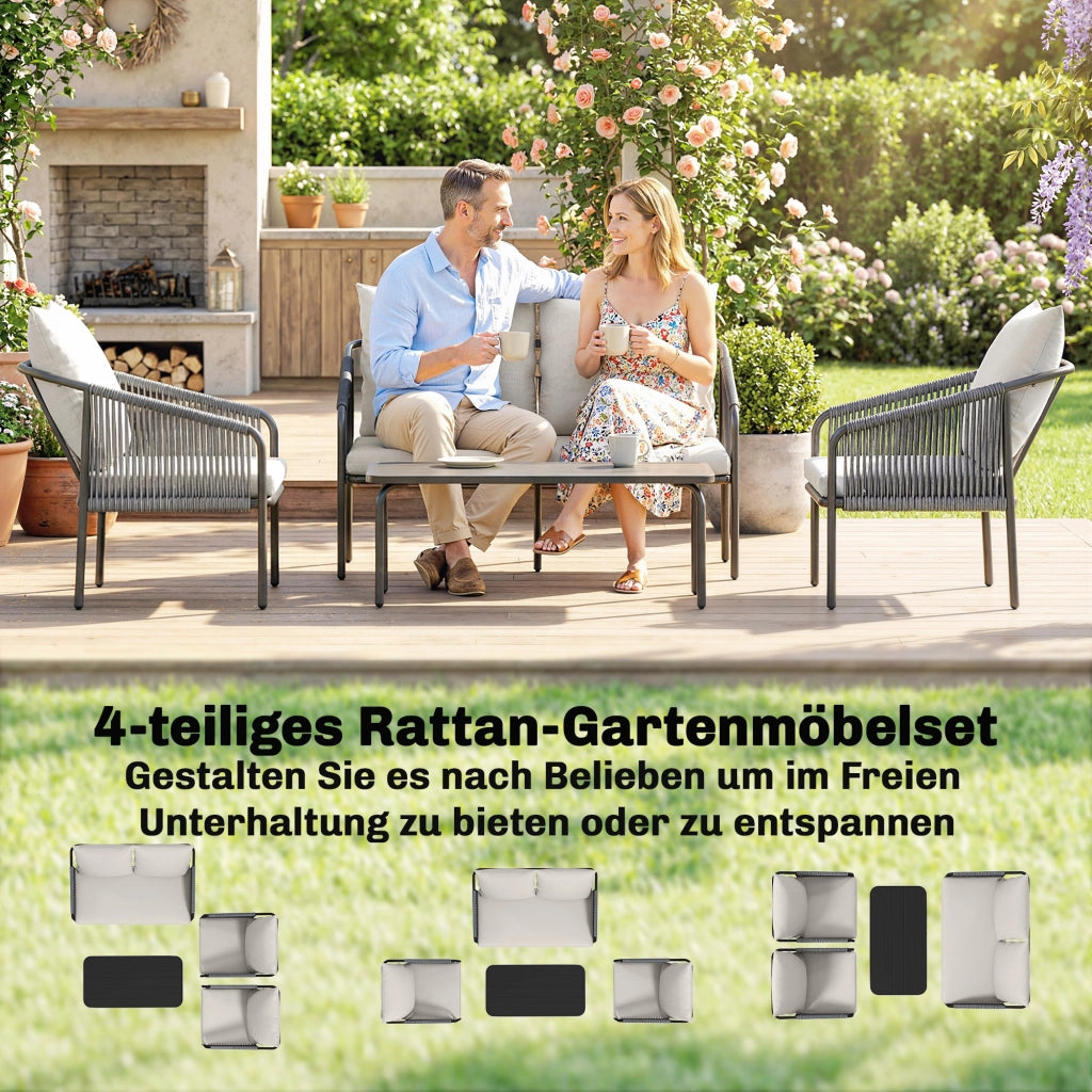 Set Giardino Lounge 4 Pezzi Pieghevole ¨C Zephmum ¨C Polyrattan Grigio Antracite con Cuscini