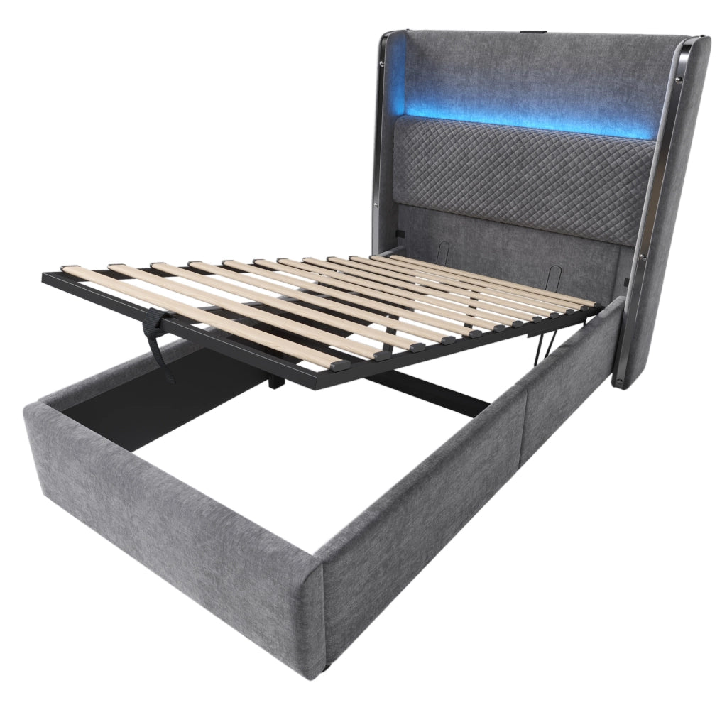 Letto singolo 90x200 cm con testiera alta, LED, presa USB/Type-C, contenitore idraulico e materasso incluso, effetto lino grigio