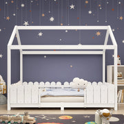 Letto a casetta 90x200 cm in legno bianco con rete e barriera anticaduta