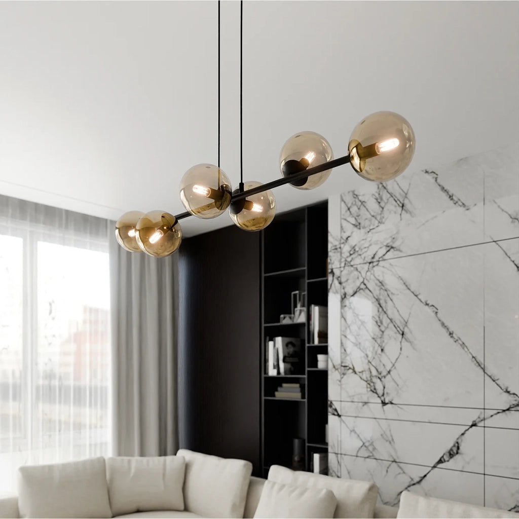 Lampadario Contemporaneo 6 Luci Durga In Acciaio Nero E Sfere In Vetro Ambra