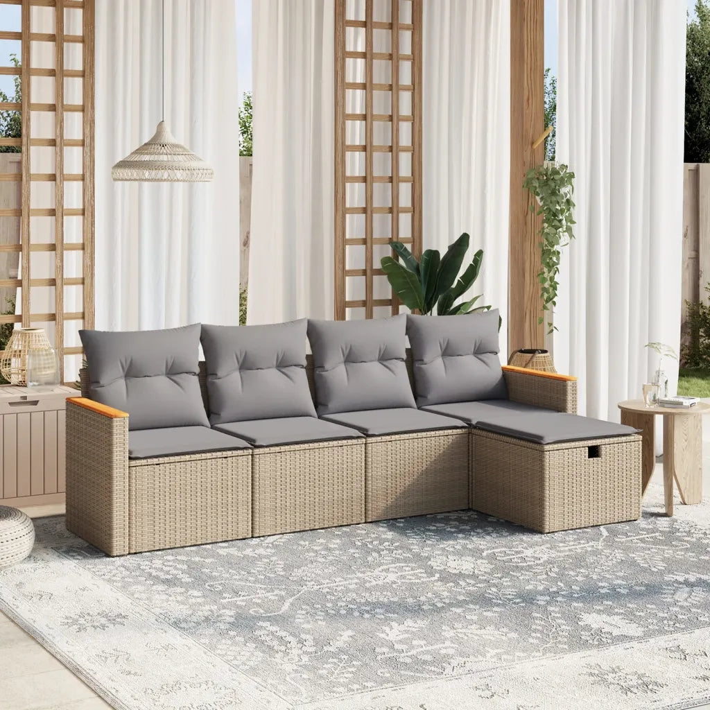 Set Divano da Giardino 5 pz | Set Salotto da Giardino con Cuscini Beige Misto Polyrattan