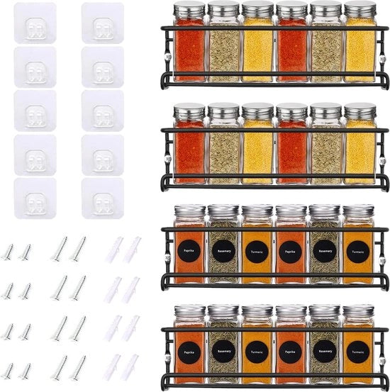 Organizzatore di spezie a 4 livelli per la parete senza perforazione, Organizzatore di spezie appeso, Piastra di metallo per cucina, armadio, porta armadio, porta armadio della dispensa per cucina, bagno Nero, 29 x 6,2 x 6,2 cm
