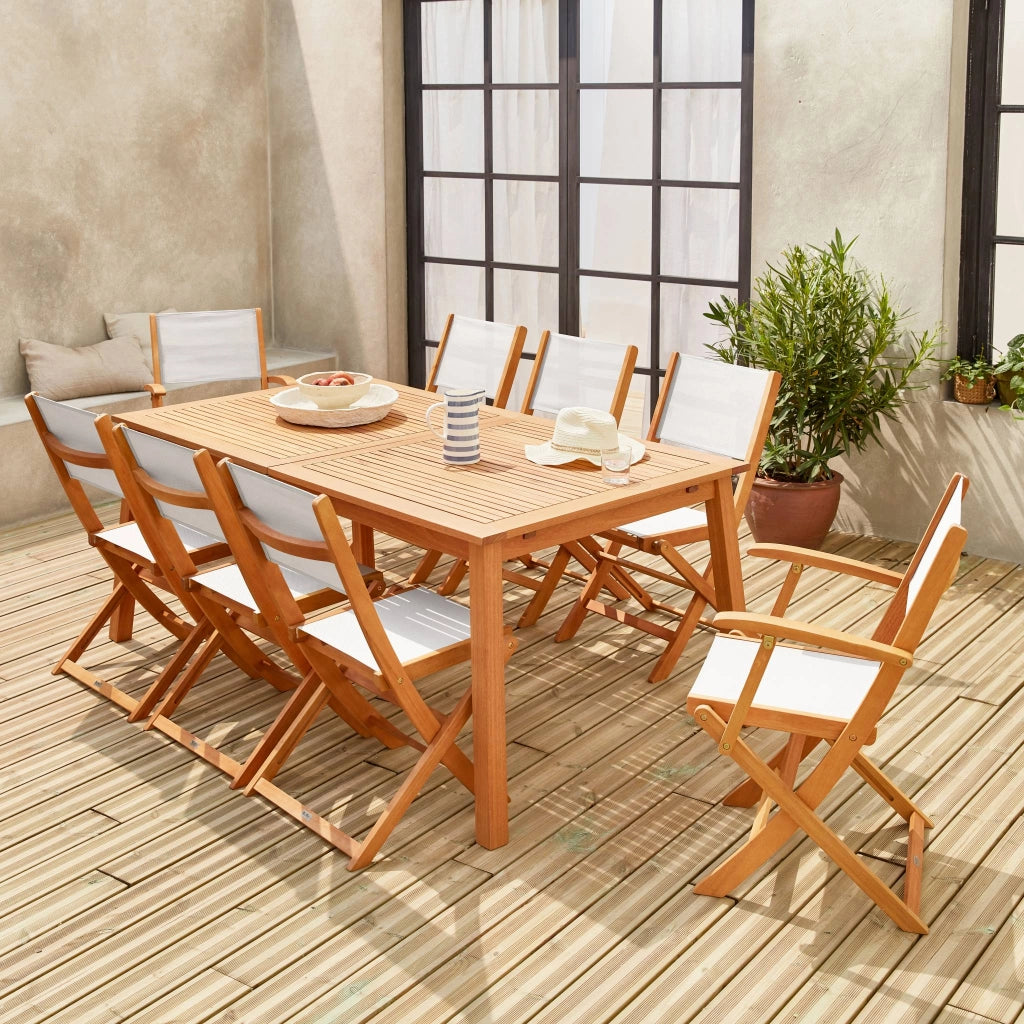 Set tavolo da giardino rettangolare allungabile in legno con 8 sedie,