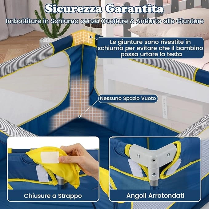 Box per Bambini 127 x 127 cm, Recinto per Bambini Pieghevole in Tessuto Oxford con Rete Traspirante, Box con Giochi che Include 50 Palline, 4 Pezzi Anelli e Borsa (Blu, 127 x 127 cm)