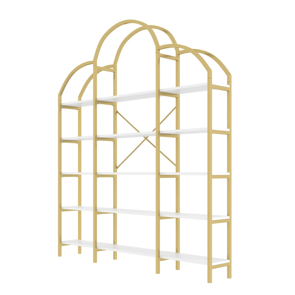 Libreria 5 Ripiani con Decorazione a Nuvola; Struttura Stabile in Metallo e MDF Bianco Oro