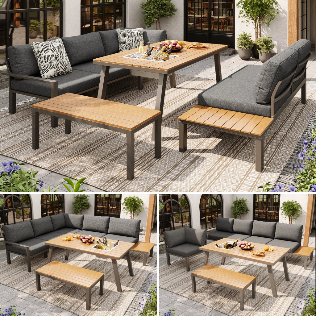 Set salotto giardino 6-7 persone: sedute + set pranzo; ferro zincato; tavolo secchiello ghiaccio; resistente