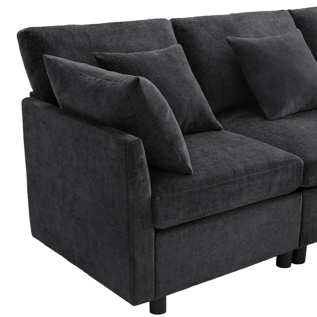Divano Modulare 4-6 Posti Convertibile a U o L con 2 Pouf e 6 Cuscini, in Ciniglia Grigio