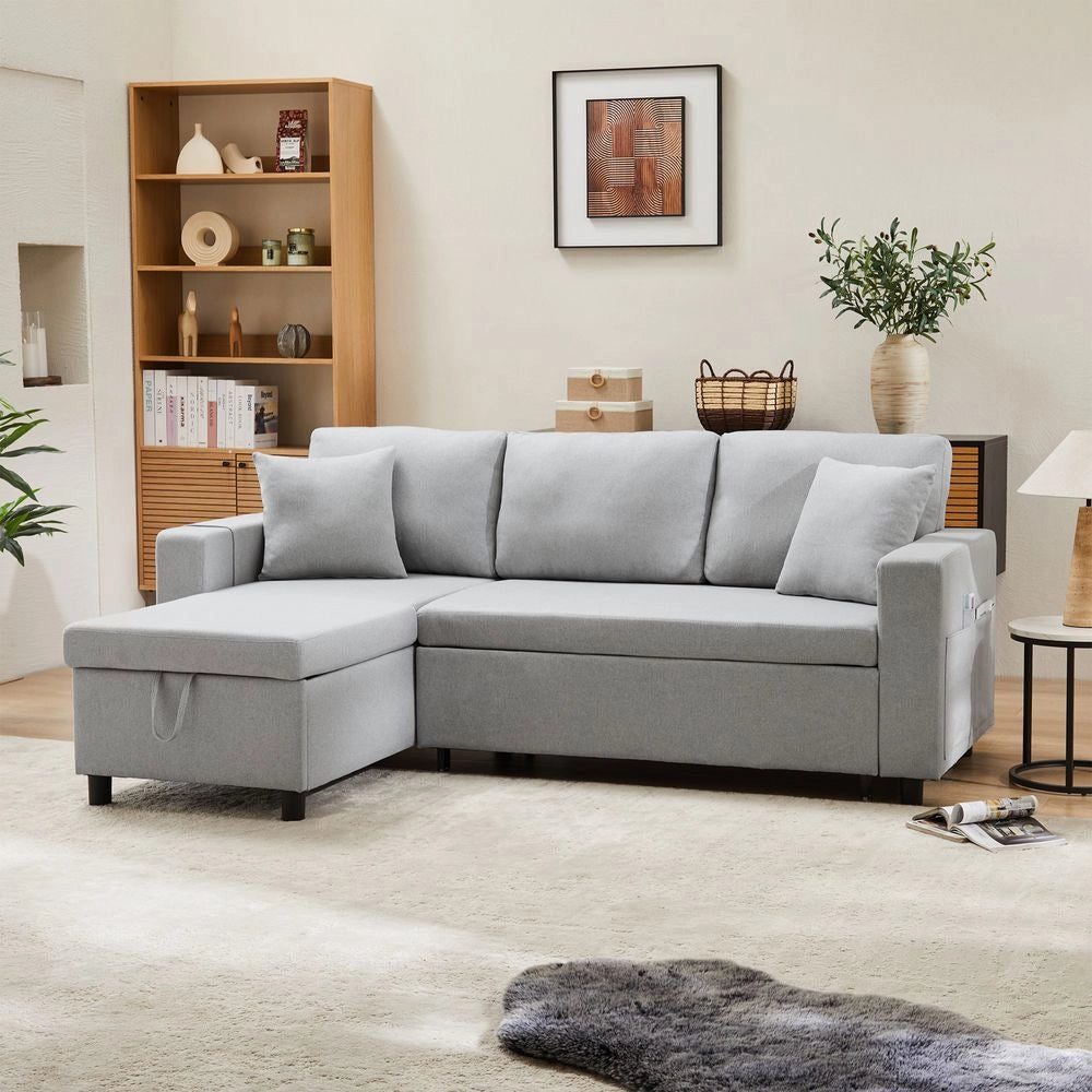 Divano letto angolare - Xylo - Forma L, chaise longue reversibile, grigio chiaro