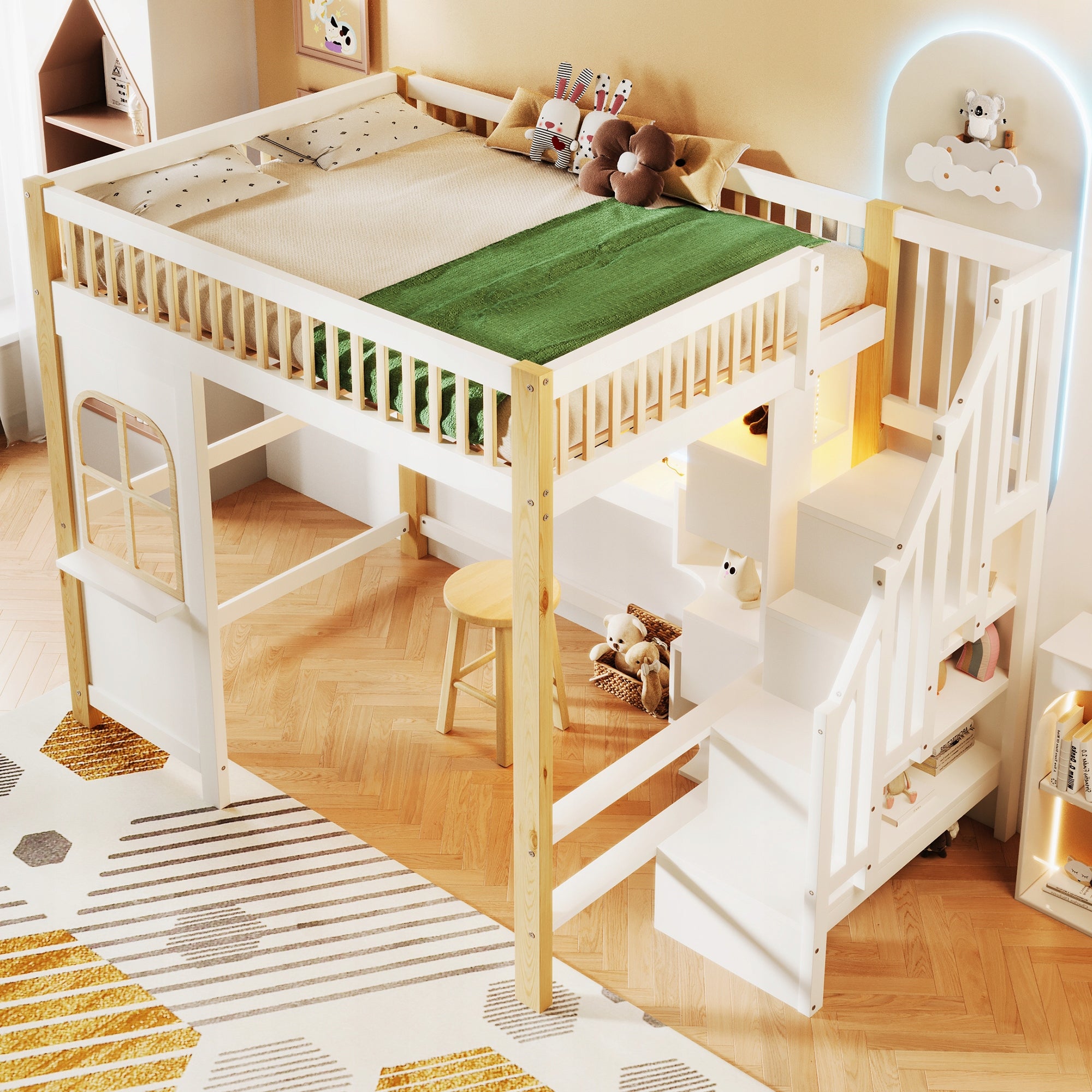 Letto a castello con scrivania e illuminazione LED - Xylo - 140x200 - Bianco-legno