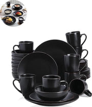 Set di Cucina Completo - 32 Pezzi - 8 Persone - Ceramica - Set di Tavola - Piatti da Pranzo - Piatti per Dessert - Piatti da Tè - Tazze - Ciotole - Nero
