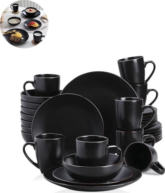 Set di Cucina Completo - 32 Pezzi - 8 Persone - Ceramica - Set di Tavola - Piatti da Pranzo - Piatti per Dessert - Piatti da Tè - Tazze - Ciotole - Nero
