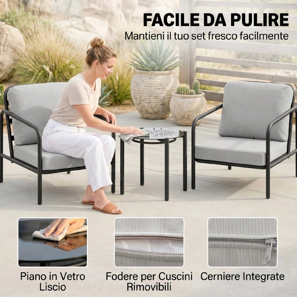 Set da Bistr¨° da 3 Pezzi in Acciaio con 2 Sedie con Cuscini Spessi. Tavolino con Piano in Vetro Temperato Nero