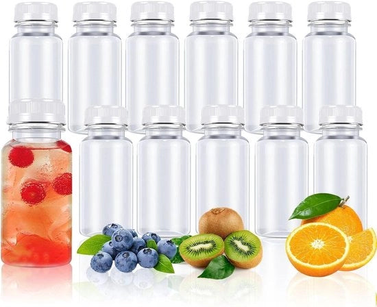 Pacco di 12 piccole bottiglie in vetro con coperchio - Bottiglie in plastica da 100 ml per riempimento - Bottiglie con coperchio per succo - Bottiglie con coperchio per latte - Bottiglie con coperchio per acqua