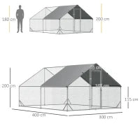 Pollaio da Giardino con Telaio Zincato, Copertura Impermeabile e Rete Esagonale, 3x4x2 m, Argento