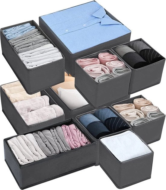 Sistema di armadietto per abbigliamento, contenitore per intimo, cassetta pieghevole in tessuto grigia, scatole per magazzino, ripartitore di cassetti per calze, mutande, reggiseni