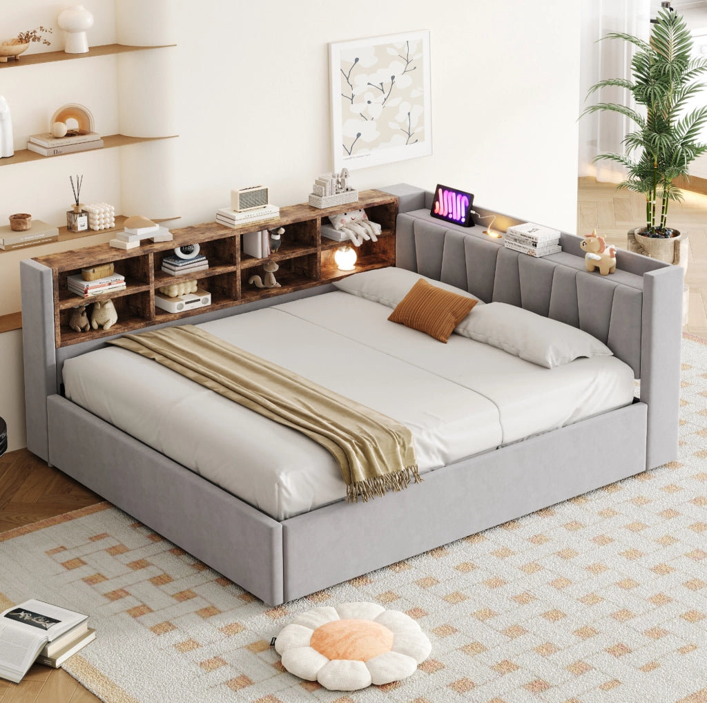 Letto imbottito multifunzione 140x200 cm in velluto grigio chiaro con contenitore; luce notturna; USB e Type-C