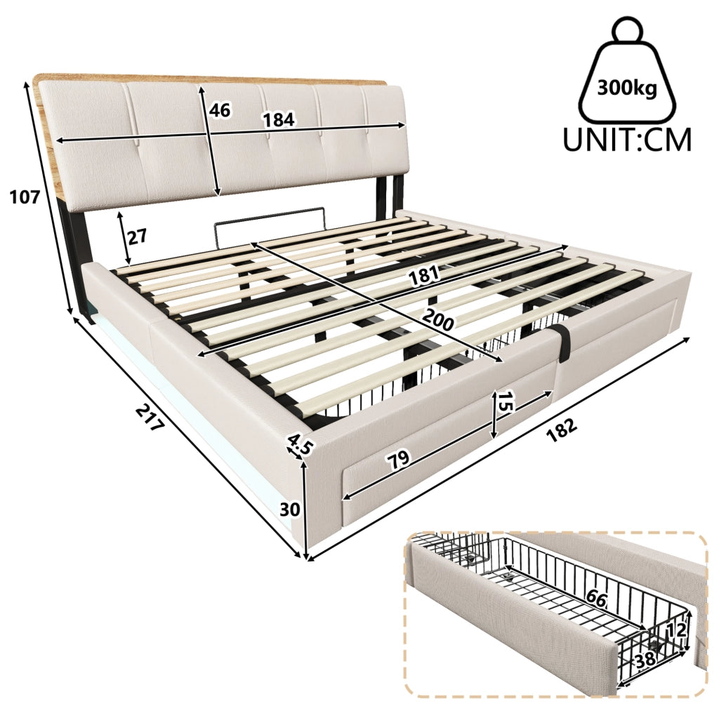 Letto imbottito 180x200 cm con vano contenitore idraulico; USB/Type-C; LED; lino beige