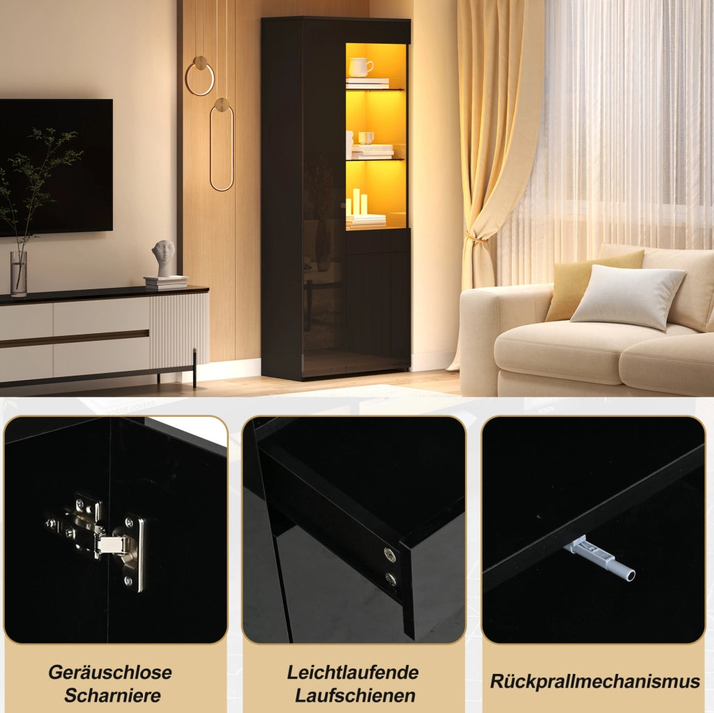 Vetrina alta 70x35x180 cm in truciolare nero con LED; 2 ante; cassetto e vetro temperato