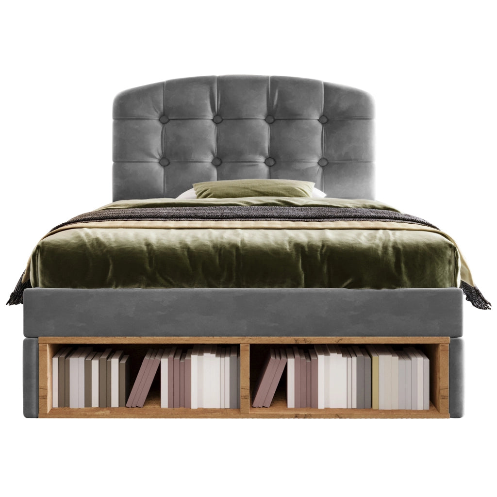 Letto singolo in velluto grigio 90x200 testiera curva regolabile cassetti doghe