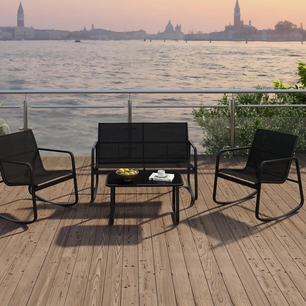 Set da Bistrò in Tessuto Textilene, Set da Giardino in 4 Pezzi, Tavolo Portato 50 kg, 2 Sedie a Dondolo Portate 150 kg, e Divanetto Portato 300 kg, Set Tavolo e Sedie da Esterno (Nero)