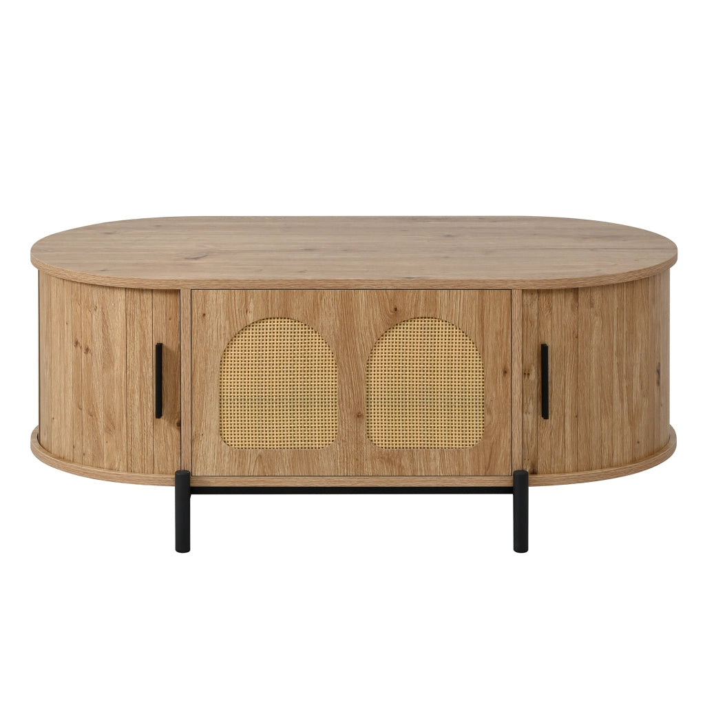 TAVOLINO DA SALOTTO Ovale 100x50x40 cm MDF Naturale con ante in rattan