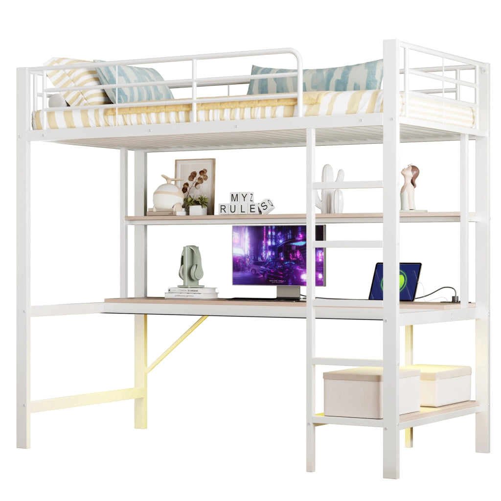 Letto a castello bianco con funzione di illuminazione LED usb e presa elettrica in metallo 90x200 cm