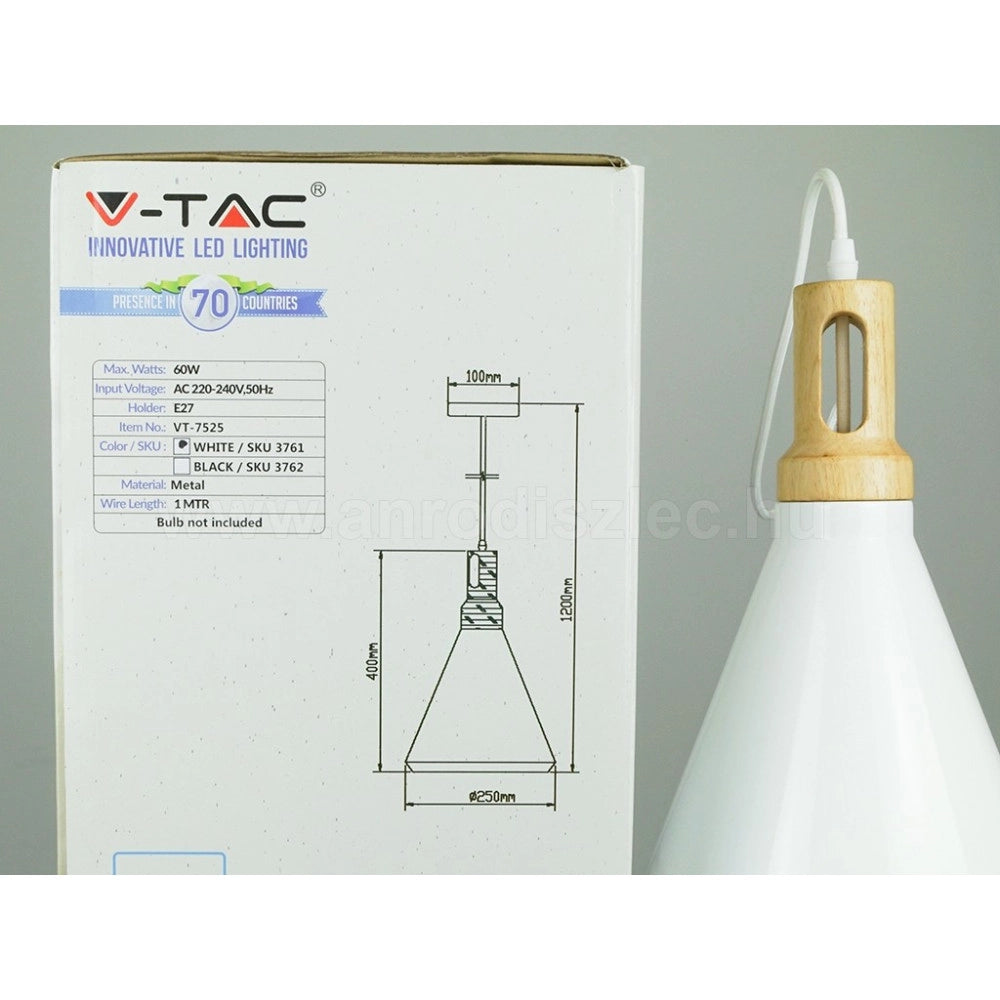 Trade Shop - Lampadario Pendente Lampada A Sospensione Parabola Bianca Base In Legno Vt-7525 -