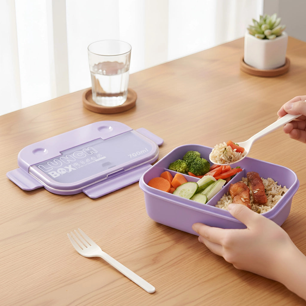 Contenitore per alimenti da 700 ml a 3 scomparti con cucchiaio e forchetta Viola Cheffinger