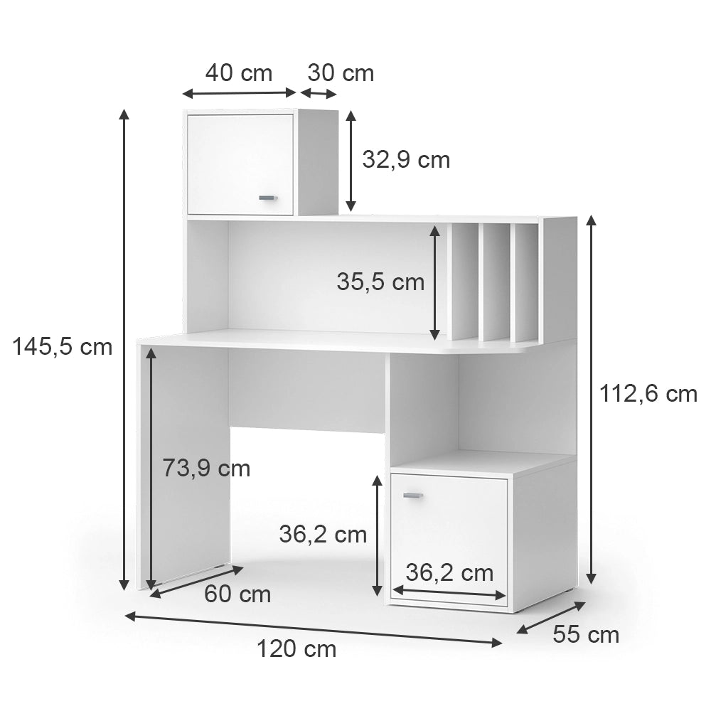 Vicco Scrivania con ripiani Bianco 115 x 55 cm con 2 porte