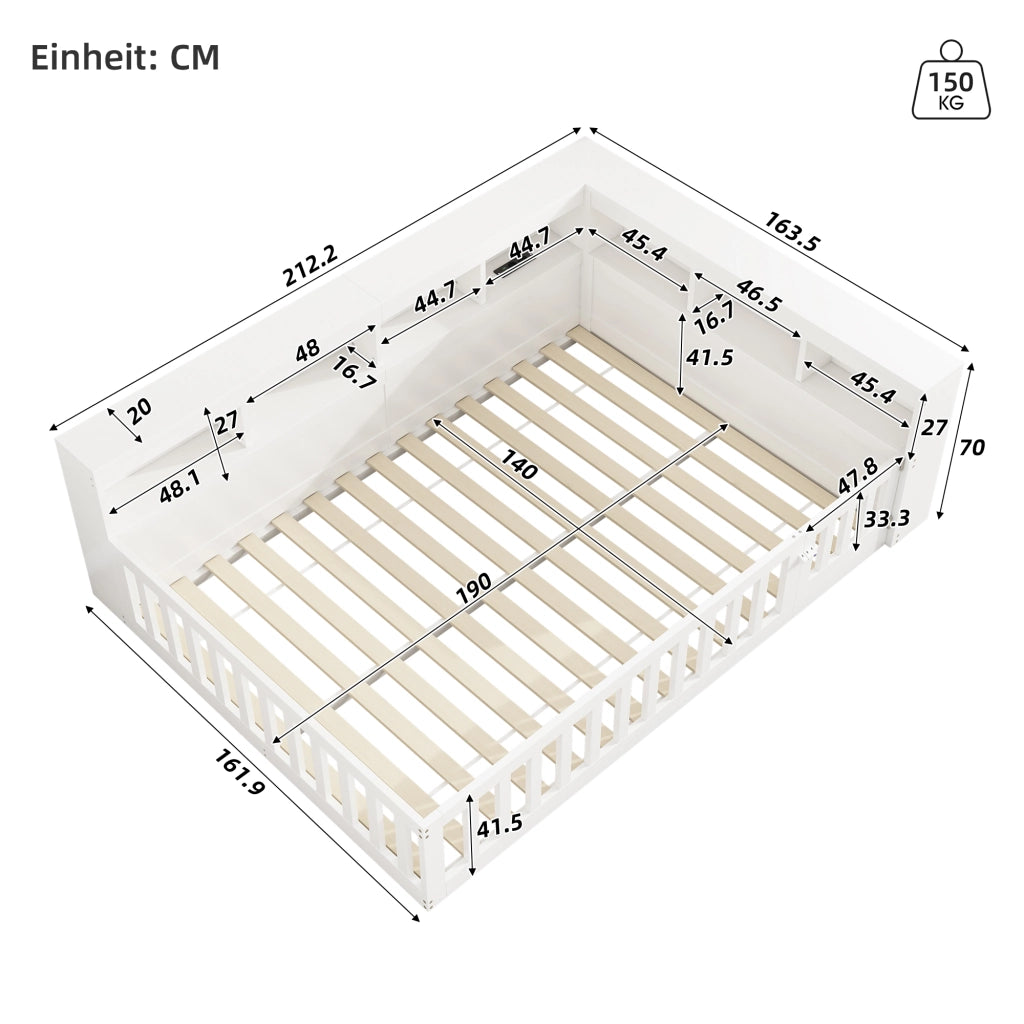 OKWISH Letto a Divano 140×190 cm, Letto Matrimoniale con Contenitore, USB, Presa e Sponda Estraibile, senza Materasso, Bianco