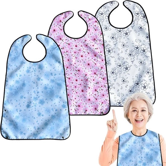 Slabbetjes per adulto, lavabili, riutilizzabili, impermeabili, protettori di abbigliamento con sacchetto di contenimento opzionale (rinfrescante), 3-pack