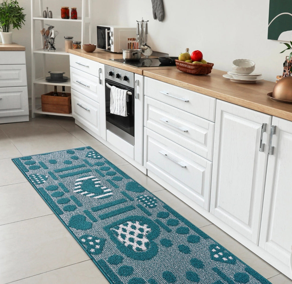 Tappeto Cucina Antiscivolo Cuori 3D Lavabile Moderno Assorbente Blu 57x40 cm