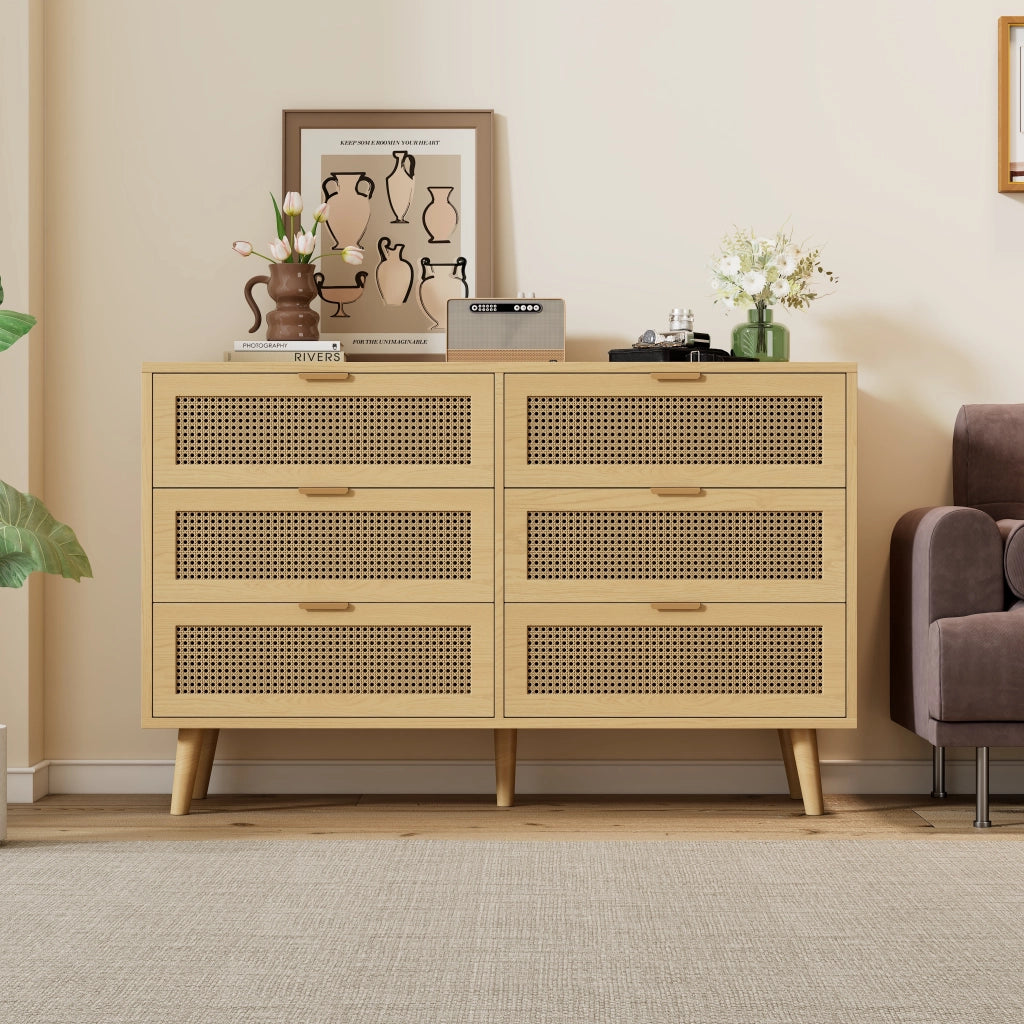Com¨° con 6 cassetti in stile r¨¦tro, credenza in truciolare e legno massello, colore noce, 120x76,5x40 cm