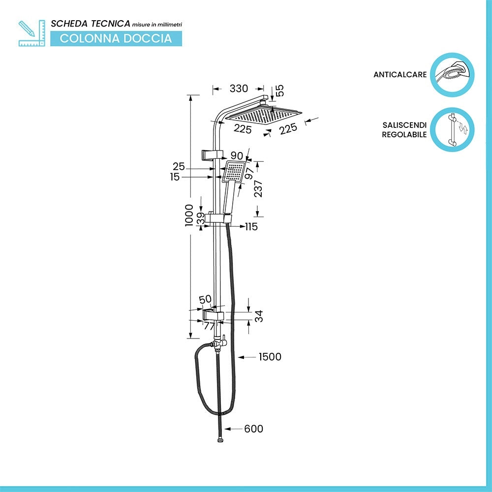 Colonna doccia completa cromata in acciaio inox design quadrato