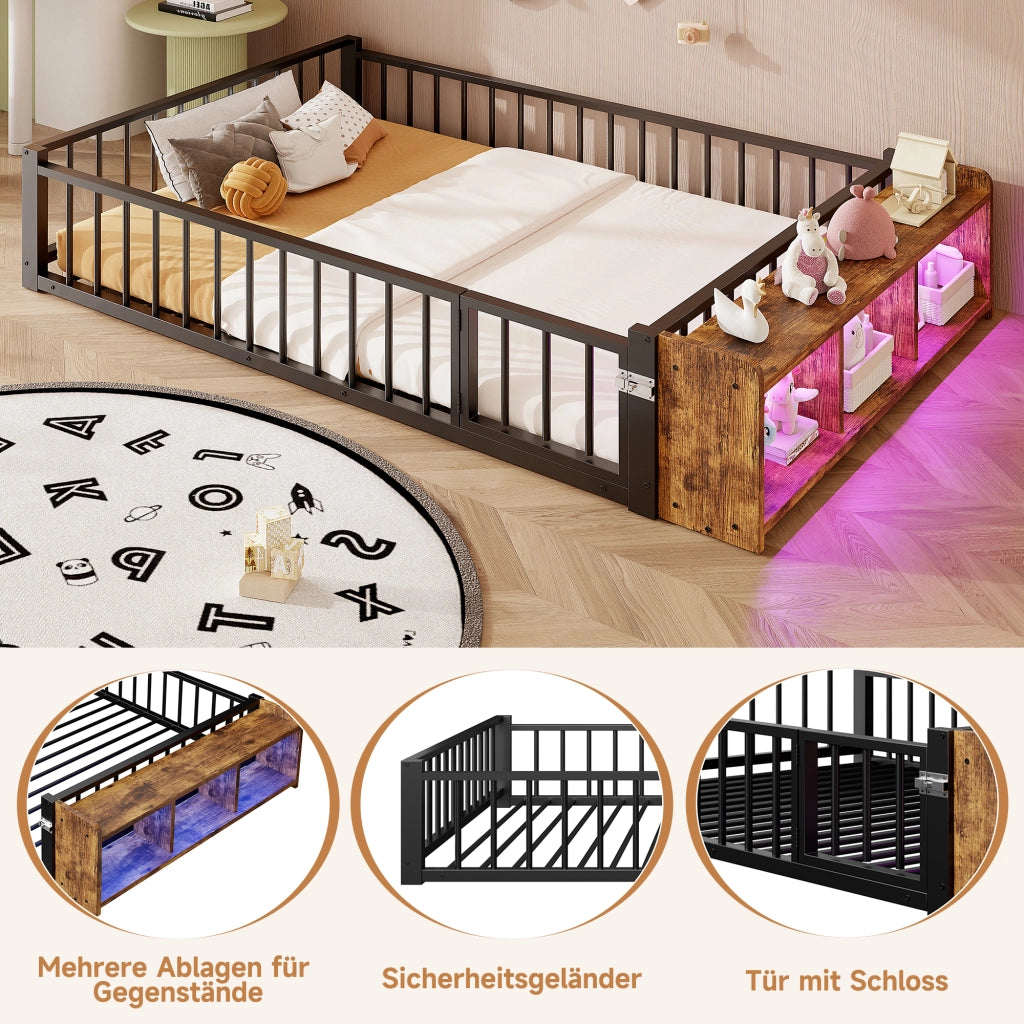 Letto in metallo con cassetti LED 140x200 MDF nero e metallo