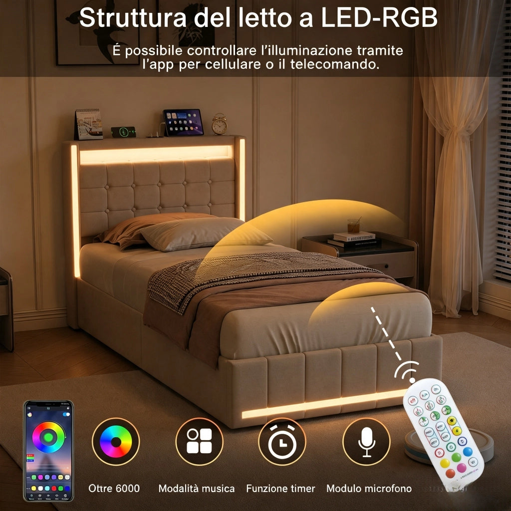 Letto singolo 90x200 cm con contenitore e LED  struttura letto con testiera e USB  letto contenitore in acciaio-beige