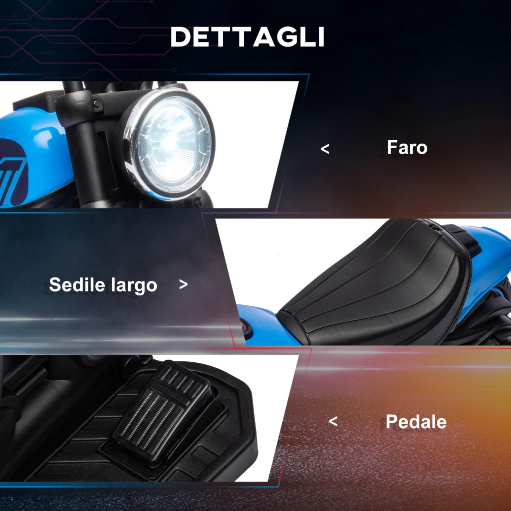Moto Elettrica per Bambini 18-36 Mesi in PP e Metallo con Rotelle e Fanale, 76x42x57 cm, Blu e Nero