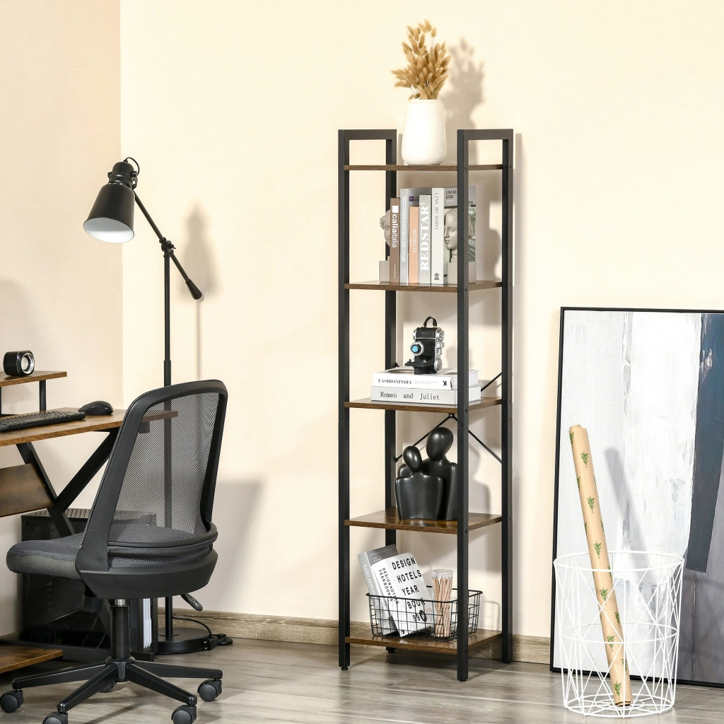 Libreria Stile Industriale a 5 Scaffali in Legno e Acciaio, 40x30x154cm, Marrone Rustico