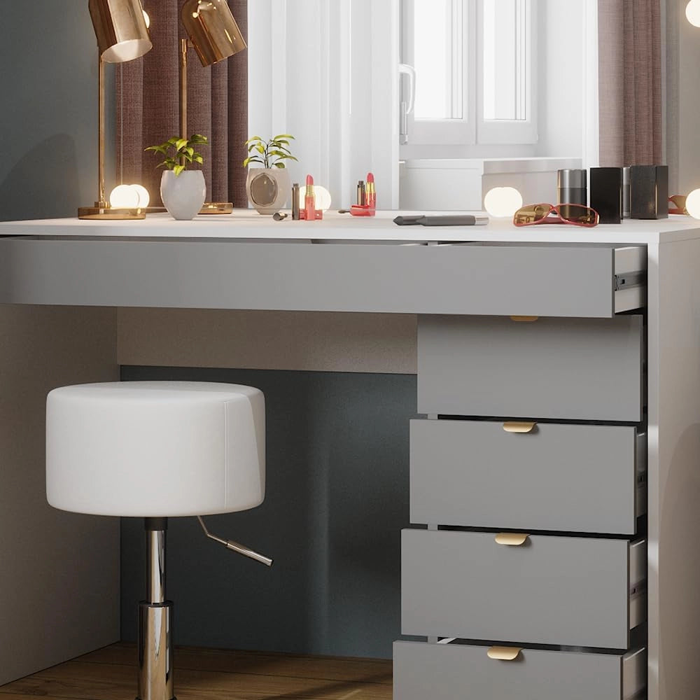Tavolo da toeletta Elise, Bianco/grigio/grigio, 115 cm con illuminazione LED e sgabello, con illuminazione LED e sgabello girevole regolabile in altezza