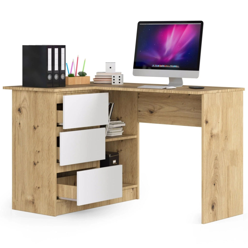 Scrivania angolare AKORD B16 Quercia Artisan 124 cm 3 cassetti inserto frontale Bianco 124x85x77 cm Modello a sinistra