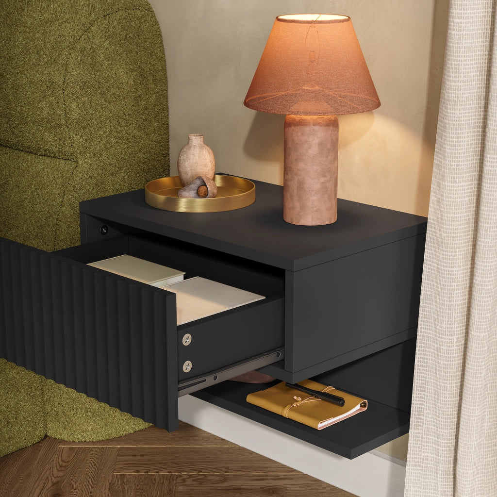Set di 2 Comodini Sospesi da Parete Nand con Cassetto e Ripiano 42x30x30 cm Nero [en.casa]