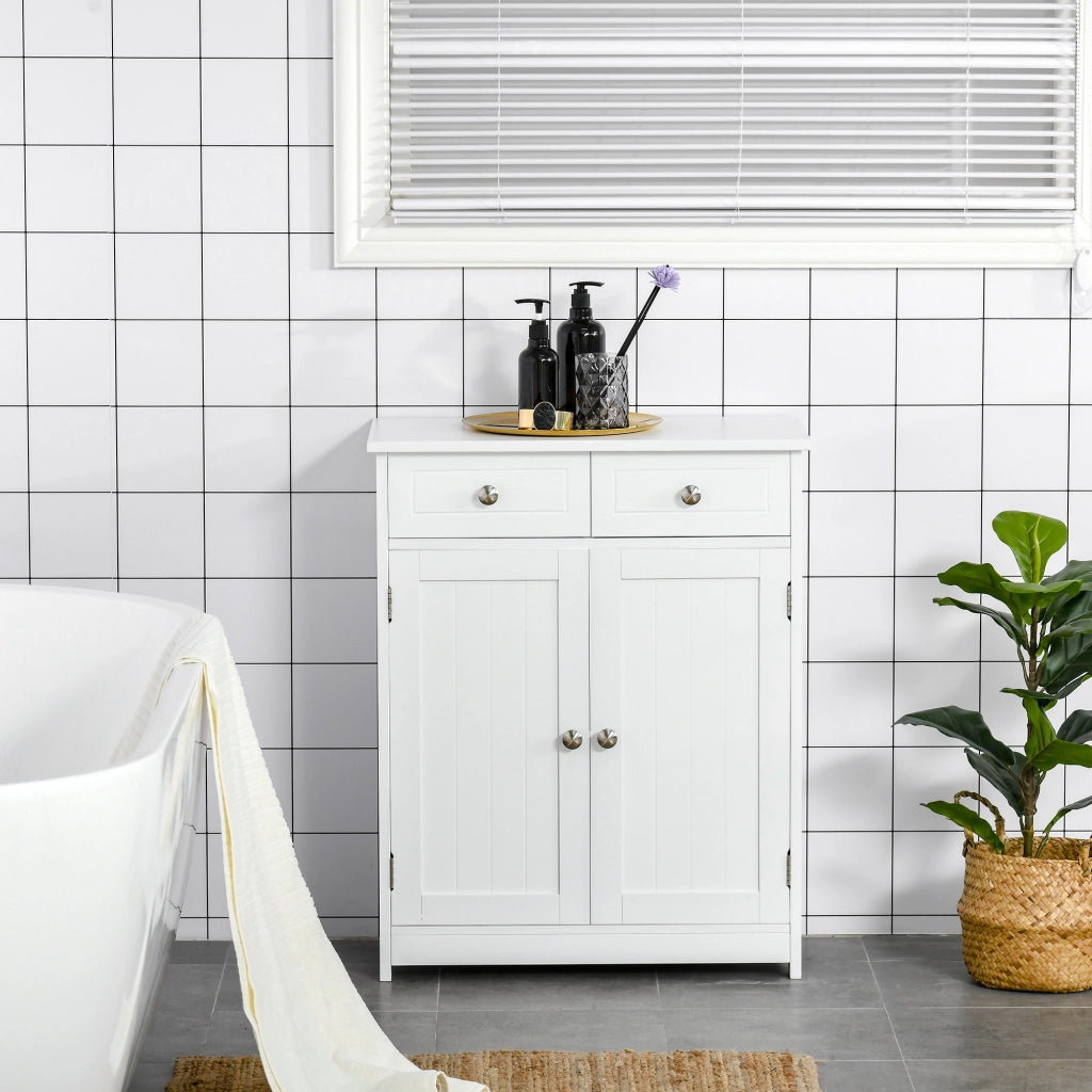 Mobile Bagno a 2 Ante con Ripiano Regolabile e 2 Cassetti in Legno, 60x30x75 cm, Bianco